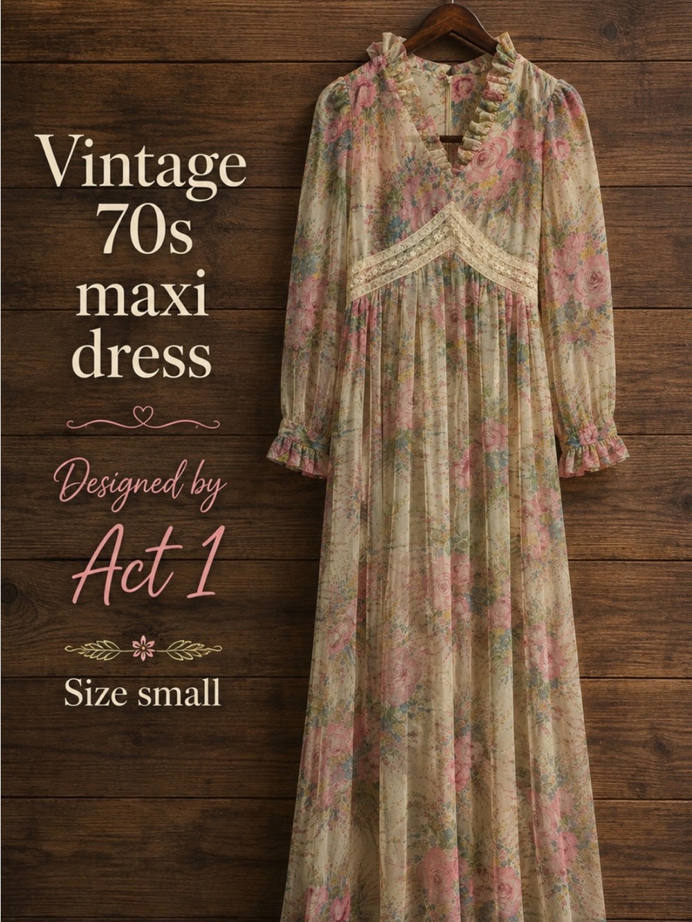 1970s Vintage - Act 1- Pink Floral Maxi Dress - small